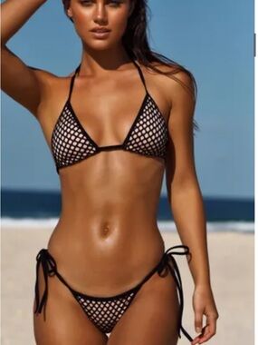DOLL SWIM Black Mesh Triangle Tie-Side Bikini - Women Swim